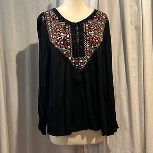 bohemian lace-up/embroidered yoke with mirror/sequin long sleeve/ruffle top-NWT